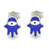 Sterling Silver Stud Earring, Hand of God Design, Blue Enamel Finish, Rhodium Finish, 02.336.0161