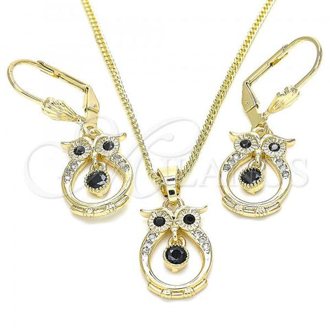 Oro Laminado Earring and Pendant Adult Set, Gold Filled Style Owl Design, with Black and White Cubic Zirconia, Polished, Golden Finish, 10.210.0114