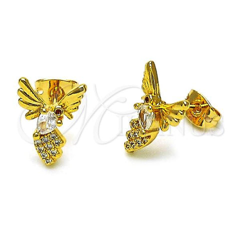 Oro Laminado Stud Earring, Gold Filled Style Bird Design, with White Cubic Zirconia and White Micro Pave, Polished, Golden Finish, 02.342.0317