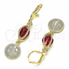 Oro Laminado Long Earring, Gold Filled Style San Benito Design, with Garnet Cubic Zirconia, Polished, Golden Finish, 02.351.0030.1