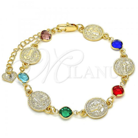 Oro Laminado Fancy Bracelet, Gold Filled Style San Benito Design, with Multicolor Crystal, Polished, Golden Finish, 03.351.0001.07