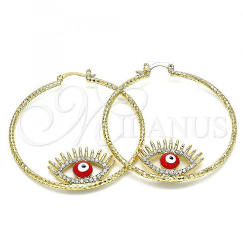 Oro Laminado Large Hoop, Gold Filled Style Evil Eye Design, with White Crystal, Red Enamel Finish, Golden Finish, 02.380.0077.1.50