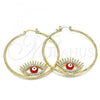 Oro Laminado Large Hoop, Gold Filled Style Evil Eye Design, with White Crystal, Red Enamel Finish, Golden Finish, 02.380.0077.1.50