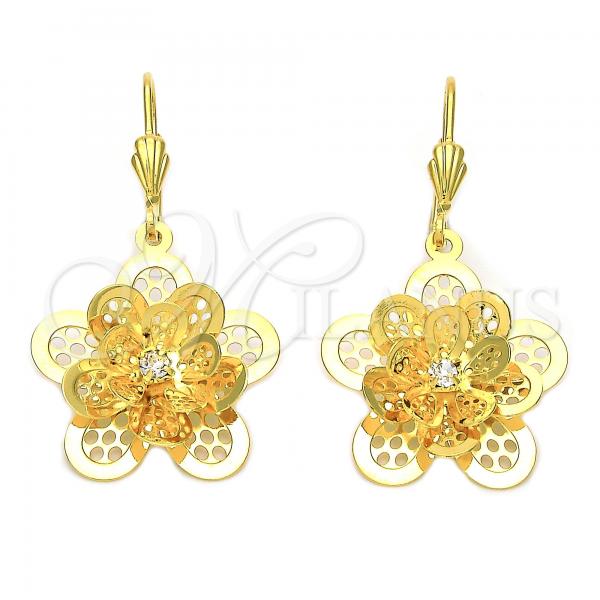 Oro Laminado Dangle Earring, Gold Filled Style Flower Design, with White Cubic Zirconia, Polished, Golden Finish, 5.096.007