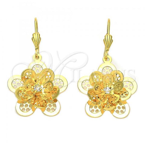Oro Laminado Dangle Earring, Gold Filled Style Flower Design, with White Cubic Zirconia, Polished, Golden Finish, 5.096.007