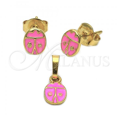 Oro Laminado Earring and Pendant Children Set, Gold Filled Style Ladybug Design, Enamel Finish, Golden Finish, 10.64.0154