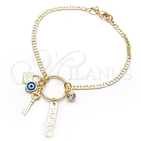 Oro Laminado Charm Bracelet, Gold Filled Style key and Mariner Design, with White Cubic Zirconia, Polished, Golden Finish, 03.32.0266.07