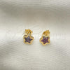 Oro Laminado Stud Earring, Gold Filled Style Star Design, with Dark Amethyst Cubic Zirconia, Polished, Golden Finish, 02.02.0533.4