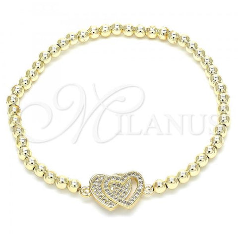 Oro Laminado Fancy Bracelet, Gold Filled Style Expandable Bead and Heart Design, with White Cubic Zirconia, Polished, Golden Finish, 03.299.0035.07