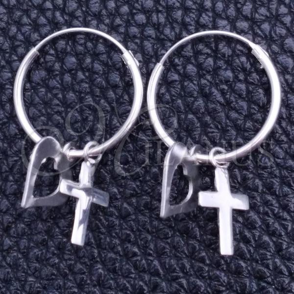 Sterling Silver Small Hoop, Heart and Cross Design, Polished, Silver Finish, 02.401.0014.15