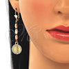 Oro Laminado Long Earring, Gold Filled Style Guadalupe Design, with White Crystal, Polished, Tricolor, 02.351.0027.1