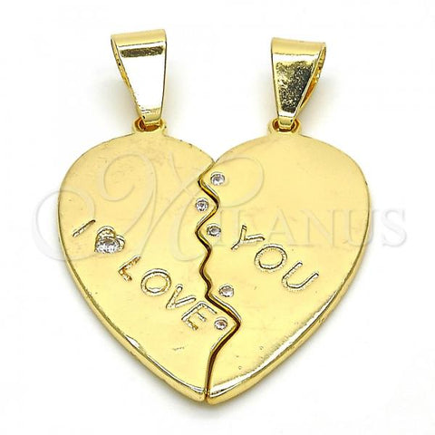 Oro Laminado Fancy Pendant, Gold Filled Style Heart Design, with White Cubic Zirconia, Polished, Golden Finish, 05.179.0060