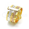 Oro Laminado Elegant Ring, Gold Filled Style Semanario and Guadalupe Design, Diamond Cutting Finish, Tricolor, 01.253.0038.08 (Size 8)