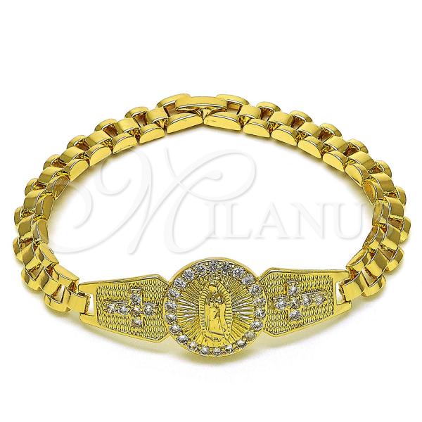 Oro Laminado Solid Bracelet, Gold Filled Style Guadalupe and Cross Design, with White Cubic Zirconia, Polished, Golden Finish, 03.411.0008.08