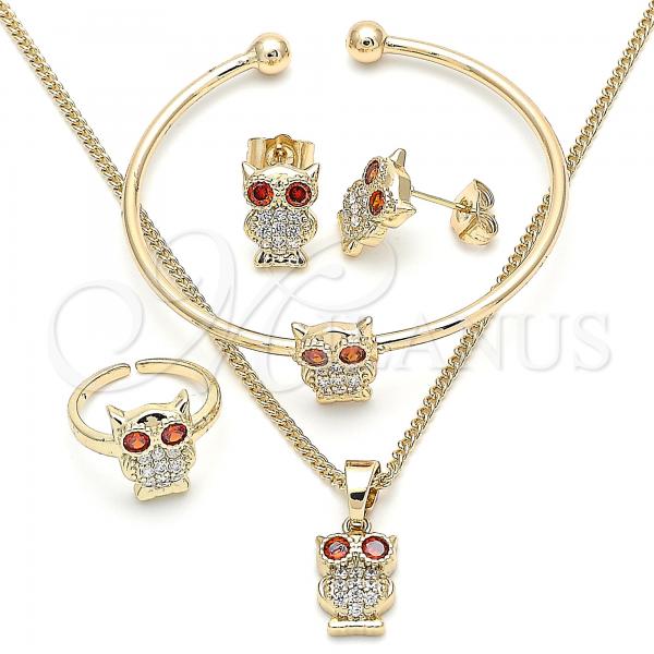 Oro Laminado Earring and Pendant Children Set, Gold Filled Style Owl Design, with White and Garnet Cubic Zirconia, Polished, Golden Finish, 06.210.0013.1