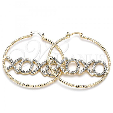 Oro Laminado Large Hoop, Gold Filled Style Hugs and Kisses Design, with White Crystal, Diamond Cutting Finish, Golden Finish, 02.380.0038.50
