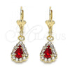 Oro Laminado Dangle Earring, Gold Filled Style Teardrop Design, with Garnet and White Crystal, Polished, Golden Finish, 02.122.0116