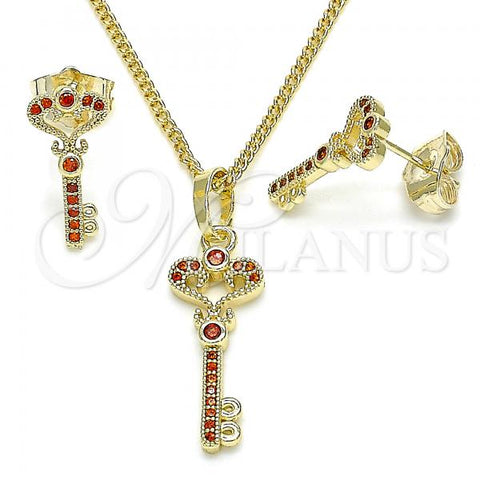 Oro Laminado Earring and Pendant Adult Set, Gold Filled Style key Design, with Garnet Micro Pave, Polished, Golden Finish, 10.284.0011.1
