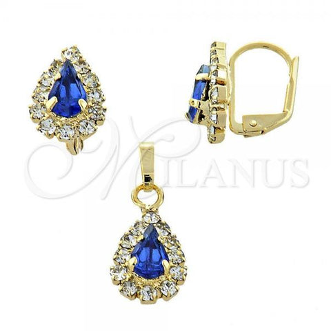 Oro Laminado Earring and Pendant Adult Set, Gold Filled Style Teardrop Design, with Light Sapphire and White Cubic Zirconia, Polished, Golden Finish, 10.122.0002.4