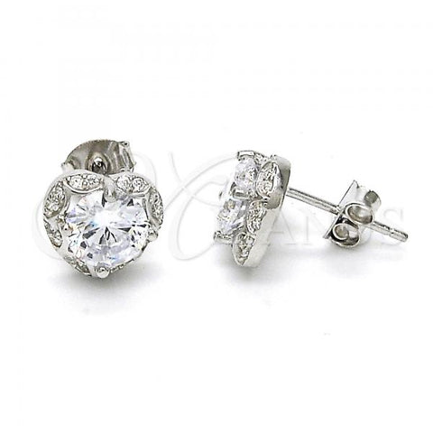 Sterling Silver Stud Earring, Heart Design, with White Cubic Zirconia and White Micro Pave, Polished,, 02.285.0030