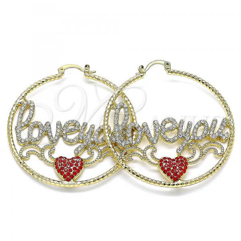 Oro Laminado Large Hoop, Gold Filled Style Nameplate and Heart Design, with White and Garnet Crystal, Diamond Cutting Finish, Golden Finish, 02.380.0080.50
