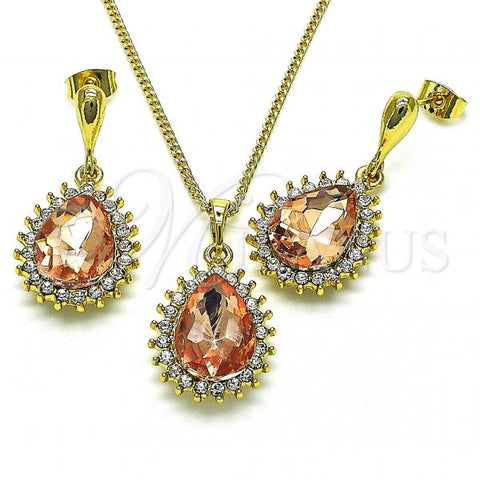 Oro Laminado Earring and Pendant Adult Set, Gold Filled Style Teardrop Design, with Dark Champagne and White Crystal, Polished, Golden Finish, 10.379.0045.1