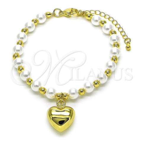 Oro Laminado Fancy Bracelet, Gold Filled Style Heart and Ball Design, with Ivory Pearl, Polished, Golden Finish, 03.341.2291.07