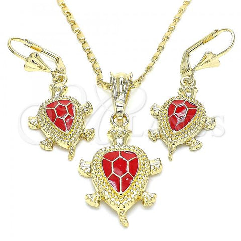 Oro Laminado Earring and Pendant Adult Set, Gold Filled Style Turtle Design, Red Enamel Finish, Golden Finish, 10.351.0005.1