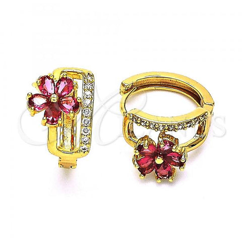 Oro Laminado Huggie Hoop, Gold Filled Style Flower Design, with Ruby Cubic Zirconia, Polished, Golden Finish, 02.210.0716.1.15