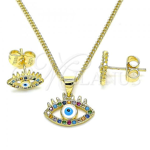 Oro Laminado Earring and Pendant Adult Set, Gold Filled Style Evil Eye Design, with Multicolor Micro Pave, White Enamel Finish, Golden Finish, 10.156.0364