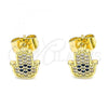 Oro Laminado Stud Earring, Gold Filled Style Hand of God Design, with Sapphire Blue and White Micro Pave, Polished, Golden Finish, 02.156.0558