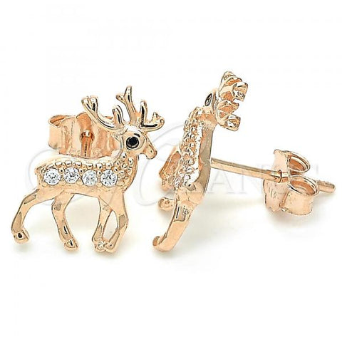 Sterling Silver Stud Earring, Deer Design, with Black and White Micro Pave, Polished, Rose Gold Finish, 02.336.0158.1