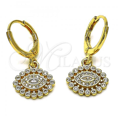 Oro Laminado Dangle Earring, Gold Filled Style Evil Eye Design, with White Micro Pave, Polished, Golden Finish, 02.253.0047