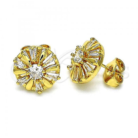 Oro Laminado Stud Earring, Gold Filled Style Flower Design, with White Cubic Zirconia, Polished, Golden Finish, 02.387.0033.5