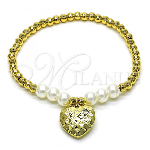 Oro Laminado Fancy Bracelet, Gold Filled Style Expandable Bead and Heart Design, with Ivory Pearl, Polished, Golden Finish, 03.405.0022.07