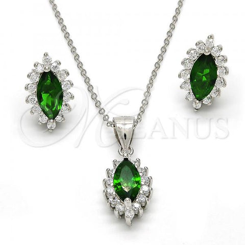 Sterling Silver Earring and Pendant Adult Set, with Green and White Cubic Zirconia, Polished, Rhodium Finish, 10.175.0056.1