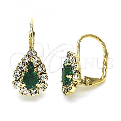 Oro Laminado Leverback Earring, Gold Filled Style Teardrop Design, with Emerald and White Crystal, Polished, Golden Finish, 5.125.012.2