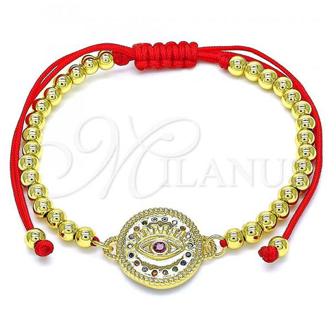 Oro Laminado Adjustable Bolo Bracelet, Gold Filled Style Evil Eye and Ball Design, with Ruby Cubic Zirconia and Multicolor Micro Pave, Polished, Golden Finish, 03.381.0001.11