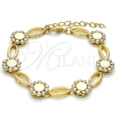 Oro Laminado Fancy Bracelet, Gold Filled Style Flower Design, with White Crystal and  Opal, Polished, Golden Finish, 03.59.0055.08