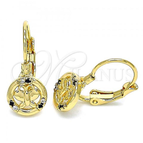 Oro Laminado Leverback Earring, Gold Filled Style Butterfly Design, with Black and White Micro Pave, Polished, Golden Finish, 02.210.0379.2
