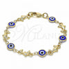 Oro Laminado Fancy Bracelet, Gold Filled Style Evil Eye and Dolphin Design, Blue Resin Finish, Golden Finish, 03.326.0009.2.06