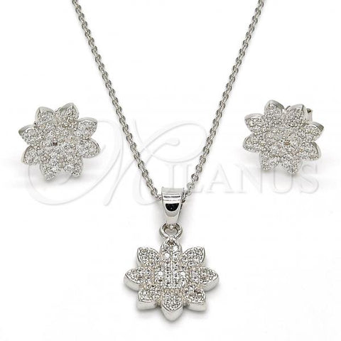 Sterling Silver Earring and Pendant Adult Set, Flower Design, with White Micro Pave, Polished, Rhodium Finish, 10.174.0208
