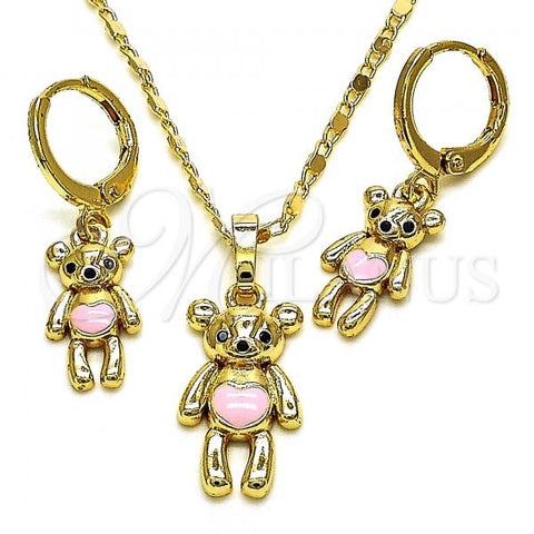 Oro Laminado Earring and Pendant Adult Set, Gold Filled Style Kohala Design, with Black Cubic Zirconia, Pink Enamel Finish, Golden Finish, 10.196.0035
