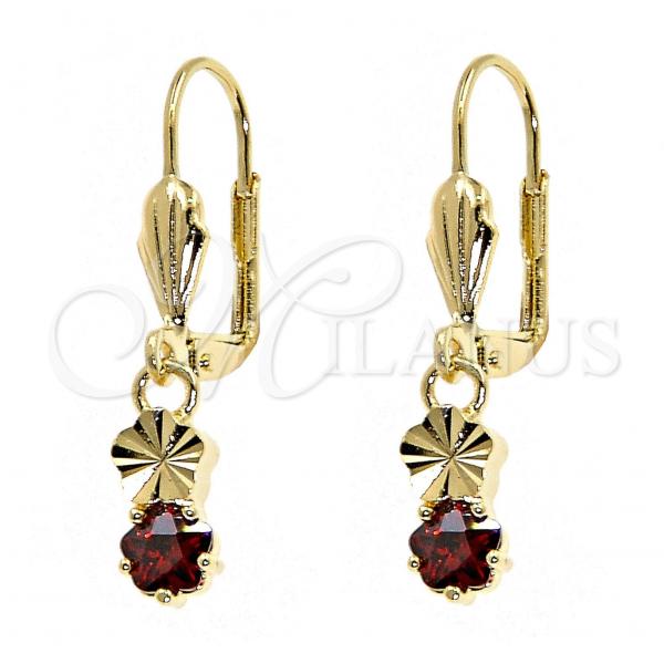 Oro Laminado Dangle Earring, Gold Filled Style Flower Design, with Garnet Cubic Zirconia, Diamond Cutting Finish, Golden Finish, 02.63.2438.1