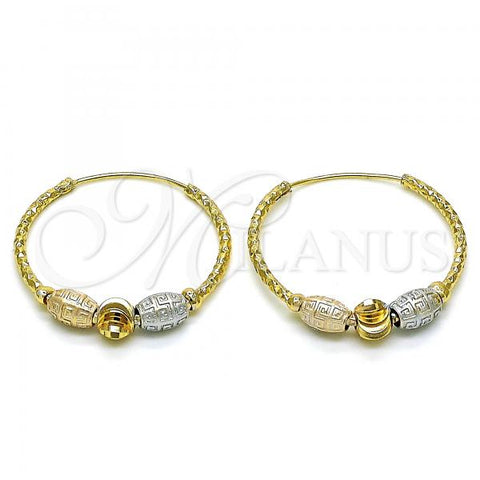 Oro Laminado Medium Hoop, Gold Filled Style Greek Key Design, Diamond Cutting Finish, Tricolor, 02.170.0409.30