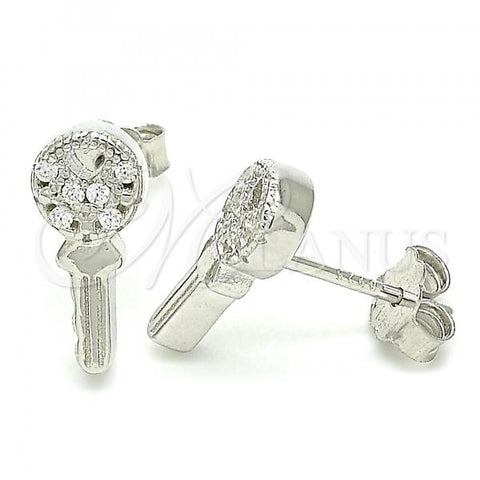 Sterling Silver Stud Earring, key and Heart Design, with White Cubic Zirconia, Polished, Rhodium Finish, 02.336.0175