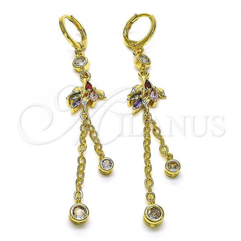 Oro Laminado Long Earring, Gold Filled Style Rolo and Bird Design, with Multicolor and White Cubic Zirconia, Polished, Golden Finish, 02.316.0086