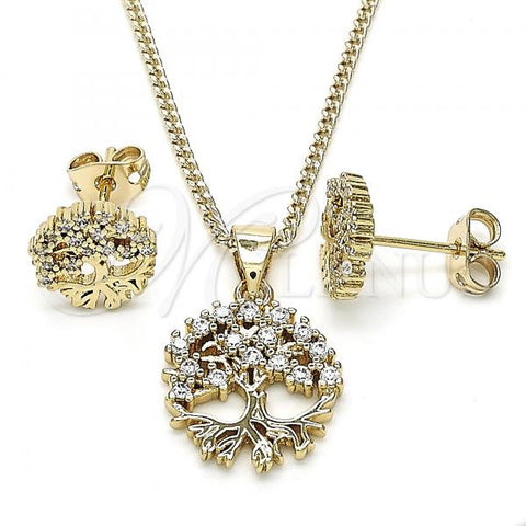 Oro Laminado Earring and Pendant Adult Set, Gold Filled Style Tree Design, with White Micro Pave, Polished, Golden Finish, 10.342.0031