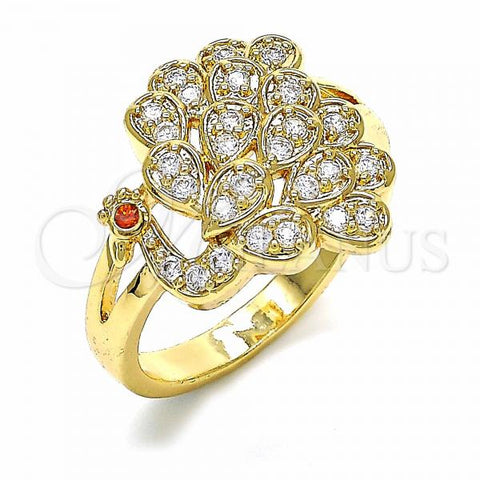 Oro Laminado Multi Stone Ring, Gold Filled Style Peacock Design, with White and Garnet Cubic Zirconia, Polished, Golden Finish, 01.365.0015.07 (Size 7)