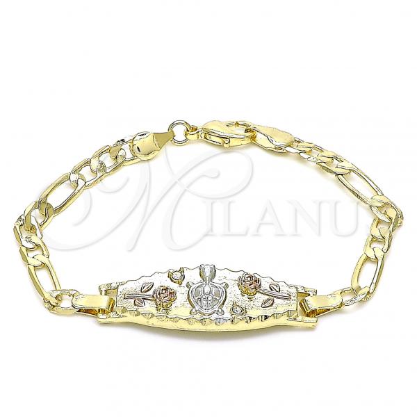 Oro Laminado Fancy Bracelet, Gold Filled Style Turtle Design, with White Crystal, Polished, Tricolor, 03.351.0131.06
